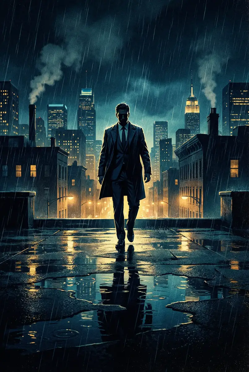 年轻的母亲4免费观看 出品影片《雨夜独行者》海报，雨中城市屋顶男性剪影